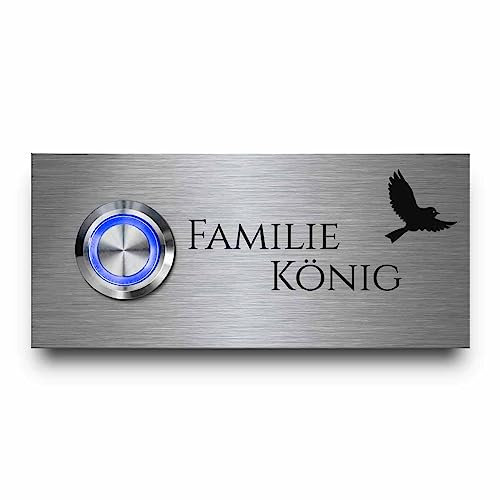 CHRISCK design Edelstahl Klingel mit beleuchtetem Klingelknopf - Modell König 9x4 cm | Witterungsbeständige Gravur auf rostfreiem V2A Edelstahl - mit Wunschtext und Motiv