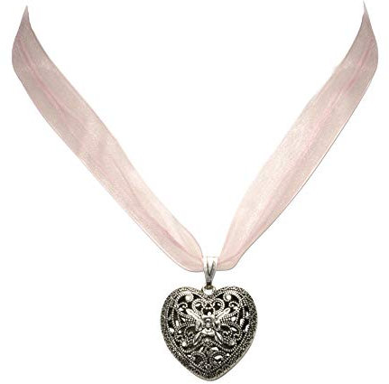 Heimatflüstern Trachtenkette Organzaband mit Trachtenherz - Damen Dirndlkette, Herz Organzakette für Trachtenbluse und Lederhose, Dirndl-Schmuck fürs Oktoberfest (rosé)