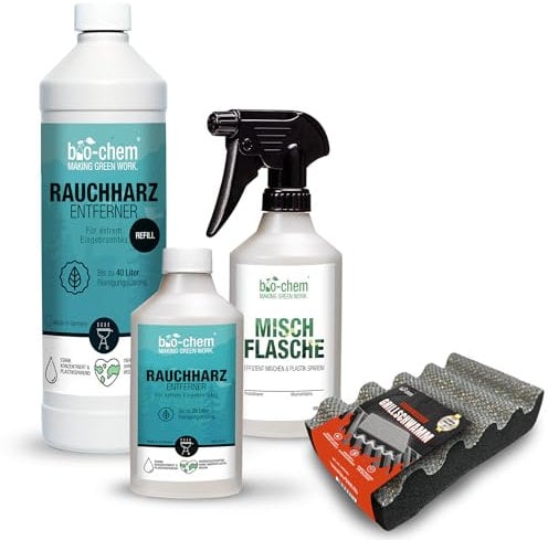bio-chem Rauchharz-Entferner - 500 ml + 1000 ml Nachfüllflasche + Reinigungsschwamm - Backofen- und Grillreiniger Konzentrat für Gasgrill, Edelstahl, Gusseisen u.v.m.