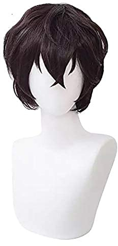 PWEINCY Short Curly Dark Brown Hair for BSD Dazai Osamu Cosplay Wig Men Halloween Costume Party Anime Wigs