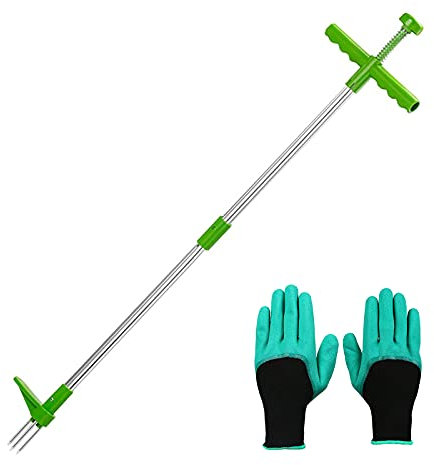 Garden Stand-Up à Long Manche Telescopique Uproot Remover, Arrache Mauvaise Herbe Jardinage Manuel , Griffe De Jardin Rotative, Postuler à Pelouse, Pissenlit, Potager, Orties (Désherbeur+des gants)