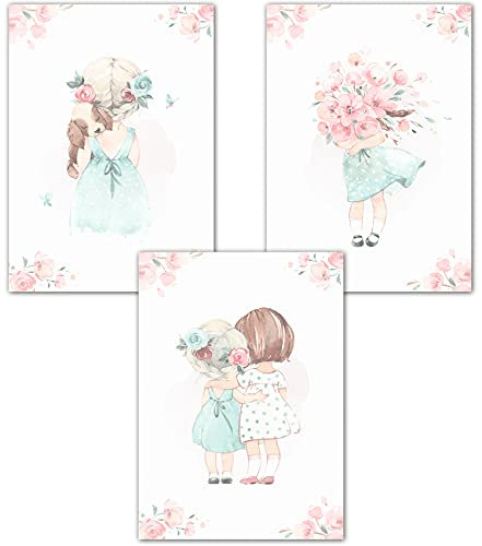 Lemmami Papeterie 3er Set Wandbilder Kinderzimmer Babyzimmer Poster Bilder DIN A4 Mädchen Jungen Deko Dekoration Süße Mädchen mit Regenschirm und Hund (3er Bilder Set Rosa, Pastell, Wanddeko)