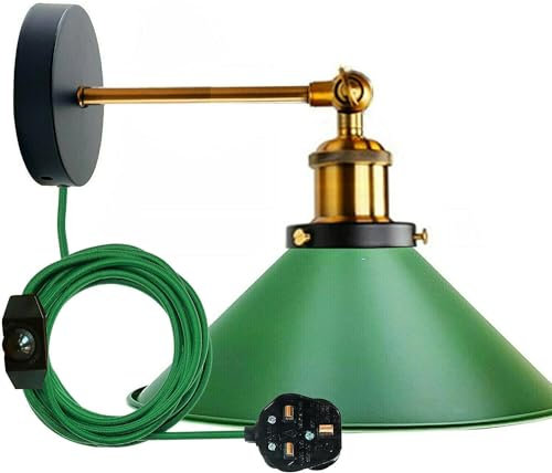 LEDSone Industrial Wall Sconce Adjustable Arm Light dimmer Switch Plug in 22cm Green Metal Cone Lamp Shade with E27 Base Wall Lights for Restaurant Office and Indoor Home Decor
