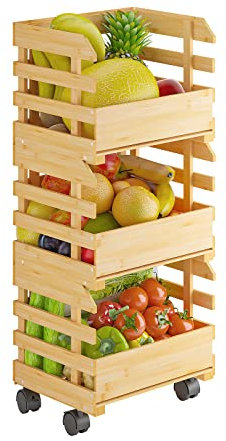 G.a HOMEFAVOR Cesta de frutas de bambú con ruedas, apilable, 3 niveles