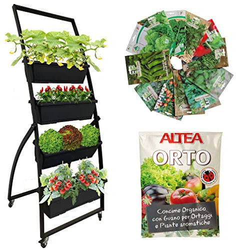 Tecnokit Kit Orto verticale, fioriera con ruote industriali, 4 cassette cm 60 incluse, 4 bustine semi e 1 bustina concime, per interni ed esterni, cm 67x65x170H.