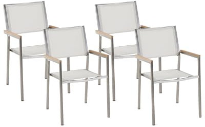 Beliani Gartenstuhl mit Armlehnen 4er Set Edelstahl Stoffbezug weiß stapelbar Grosseto