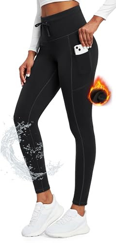 Ewedoos Thermo Leggings Damen Gefüttert Winter Wasserdicht Sporthose Damen mit Taschen Wanderhose Warme Sportleggins Yogahose Laufhose
