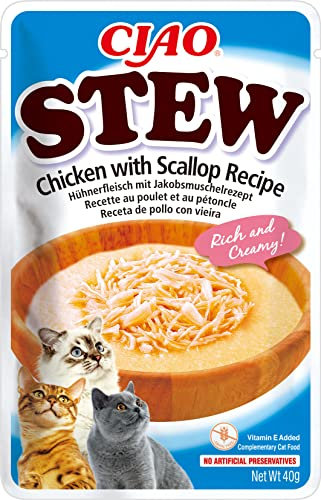 INABA Ciao Stew Katzenfutter Nass 86% Feuchtigkeit und Vitamin E, Premium Katzensuppe mit Huhn & Jakobsmuschel 40 g (1er Pack), 100% natürliches Fleisch, Getreidefrei, Zuckerfrei