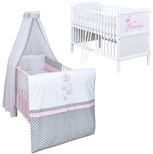 Baby Delux Babybett Komplett Set Kinderbett umbaubar zum Juniorbett weiß 140x70 Princess Bettwäsche mehrteilig (Magic Stars Rosa)