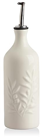 Sweejar Ceramic Olive Oil Dispenser Bottle, 20 Oz Relief Opaque Cruet Protects Liquid Oxidation, Suitable for Storage Oil, Vinegar, Soy Sauce, Coffee Syrup, Set of 1 (Beige)