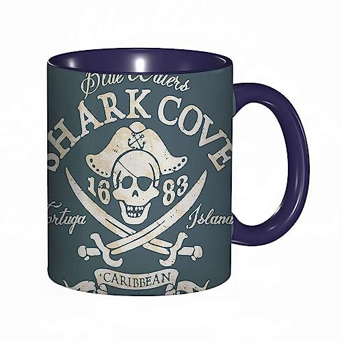 Tasse Keramik Pirate Shark Cove Insel Tortuga Karibische Gewässer Retro Jolly Roger,Senfblau Kaffeetassen Große 330ml Mit Henkel 100% Handbemalt Trinkgläser Mit Griff Personalisierte Geschenk
