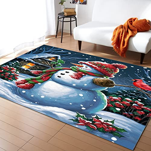 Teppich Schlafzimmer Weihnachtsschneemann Outdoor Teppich Balkon Küche Wohnzimmer Flur Teppich Winterliches Blockhaus, Tiervögel Bettvorleger rutschfest Waschbare Moderner Teppiche 80X160Cm