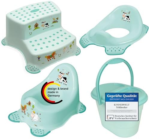 KiNDERWELT 4er Set Premium Toilettensitz, Hocker, stabiles Töpfchen & Windeleimer für Babys und Kinder -Funny Farm Design aquamarin - Toilette für Kinder - Stabiler Hocker mit Anti-Rutsch-Funktion