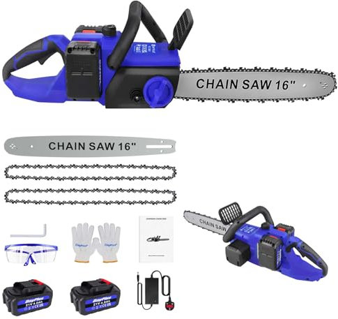 Chain Saws Electric, 16 Inch Cordless Chainsaw with 2 * 4000mAh Batteries and Charger, Electric Chainsaw with Oiler System and Security Lock Handheld, for Wood Cutting Tree Trimming Gardening