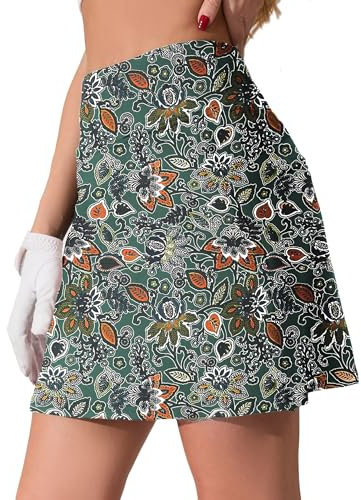 Timuspo Damen Hosenrock Tennisrock Sportrock mit Hose Rock Kurz Activewear Leicht & Luftig Skirts Golf Hockey mit 4 Taschen Blume Grün S