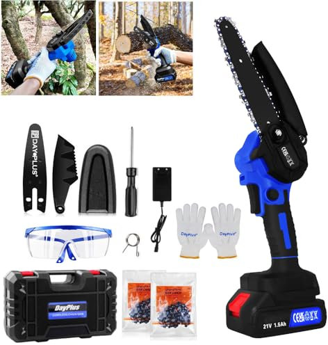 Motosierra con batería de 6 pulgadas (15 cm), mini motosierra manual con 2 baterías de 21 V y 1,5 Ah, motosierra eléctrica para cortar madera, corte de árbol, tamaño de corte de 80 mm, 2200 spm, 2