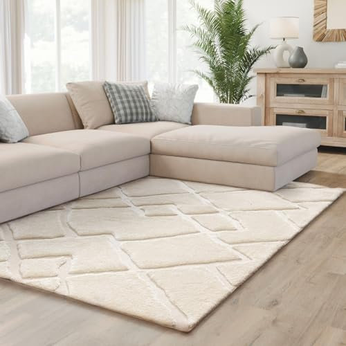 Interiyou Teppich Wohnzimmer Verona - 160x230 cm Creme - Für Schlafzimmer, Esszimmer, Kinderzimmer - Hochflor mit 3D-Effekt - geometrische Muster - Pflegeleicht