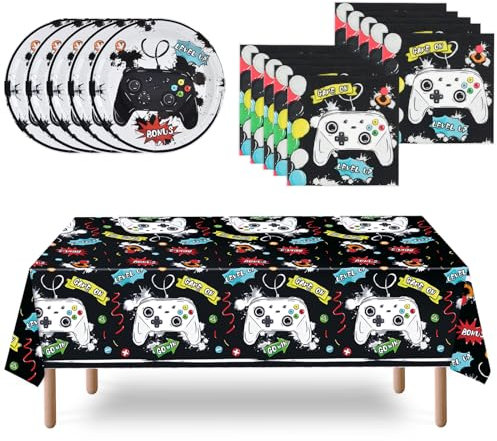 Videospiel Partyzubehör Set – 33 teiliges Tisch Gaming Themendekoration Familienspieleabend Party Tischdecke Teller Servietten für Kinder Jungen Gamer Liebhaber Geburtstagsparty für 16 Gäste