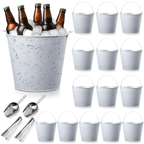 Zopeal 24 Pcs Galvanized Beer Buckets Set, 16 Metal Pails with 4 Scoops & 4 Tongs, 7 Inch Rustic Ice Bucket for Parties, Wedding Centerpieces, Planters, Candy Buffet & Event Decor (Vintage White)