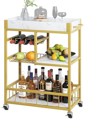 Huhote Servierwagen, Küchenwagen mit Weinregal, Barwagen, Getränkewagen, Rollwagen mit Rollen, Weinwagen für Esszimmer, Küche, Wohnzimmer, Bar, Party, Weißer Marmor/Gold