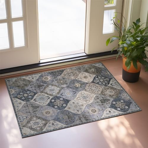 Xfrog Moroccan Floral Area Rug, 60x110cm Entryway Rug Non-Slip Washable Small Rug, Ultra Soft Antique Print Vintage Distressed Low-Pile Indoor Door Mat Floor Carpet for Entrance Kitchen Bathroom