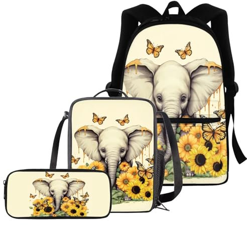 chaqlin Schultaschen-Set für Jungen und Mädchen, 3-teiliges Set mit Thermo-Lunchbox und Federmäppchen, Sonnenblume Elefant, Kinderrucksack