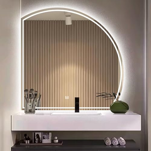 Led Badspiegel Halbrunder, Halbrunder Schminkspiegel Für Bad, Dimmbar Wandspiegel Beschlagfrei, Mit Touch-Schalter Badezimmerspiegel, Smart 3 Farben Anti-Beschldekorative Spiegel, linker Schnitt(60*60