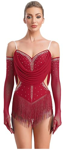 renvena Donna Abito da Ballo Latino Americano con Nappa Frange Body da Pattinaggio Artistico + Guanti Lunghi Leotards Danza Classica Costume Danza del Ventre Rosso S
