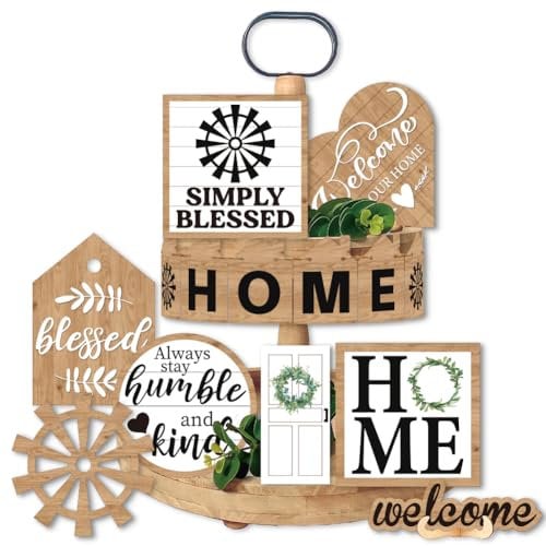 AHANDMAKER 14 Pieces Wooden Tiered Tray Stand Decor Rustic Home Farmhouse Tabletop Signs Decorative Sweet Home Simply Blessed Trays Table Top Decor for Home Farmhouse Rustic Kitchen Decorations