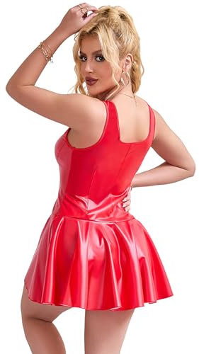 ohyeahlady Leder Kleid für Damen Sexy Rot XXL Clubwear Curvy Lingerie Wetlook Minikleid Kurz Lederkleid Große Größen Elegant Kleid PU-Leder Babydolls für Mollige Frauen Reizwäsche Dress Rot,XXL