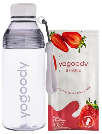 YOGOODY Bouteille shaker + 1 sachet de yaourt probiotique à la fraise véritable – 1 paquet de 30 g, riche en protéines, riche en fibres, faible teneur en matières grasses – probiotique quotidien