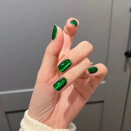 24Pcs Cat Eye Press on Nails, French False Nails Short Square, Green Glossy Fake Nails Full Cover Glue on Nail, Reusable Acrylic Stick on Nail Kit Shiny Manicure for Women Girls Daily Wear