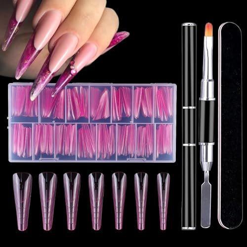 150 PCS Pink Poly Gel Dual Nail Forms Reusable Nail Form for Gel Builder Nail Extension with Dual-Ended Nail Gel Brush and Nail File (15 Sizes)
