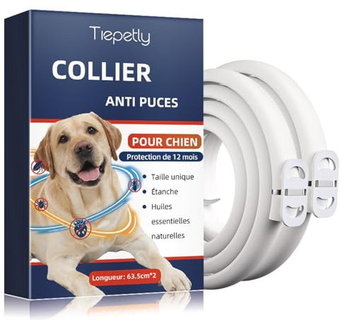 Collier Anti Puces pour Chien Réglable, Élimine Puces, Tiques, Poux, Résistant à l'eau, Huiles Essentielles 100% Naturelles (63.5cm*2)