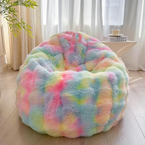 LIFEREVO 3FT Fluffy Faux Rabbit Fur Bean Bag Cover, No Filler, Rainbow | Plush Bubble Stuffed Bean Bag Storage for Bedroom Living Room, Washable Decorative Soft Furry Beanbag Chair Cover, Anti-slip