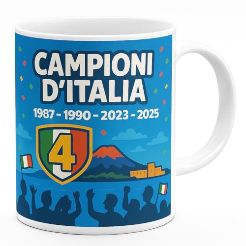 VARZI Tazza Celebrativa Campioni d’Italia 2025 - Edizione Limitata 4° Scudetto Napoli - 320 ml - Idea Regalo per Tifosi - Design Ispirato al Calcio 1956