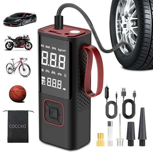 COCCKO Elektrische Luftpumpe Akku Kompressor–150 PSI,35L/min,Digitale Anzeige, Tragbar für Auto,Fahrrad,Motorrad,Bälle–Mini Kompressor mit USB-Ladung & Reifendruckmesser
