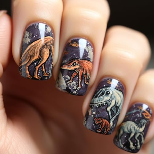 24Pcs Press on Nails Short Square False Nails Glitters Dinosaur Nails Stickers for Patriotic Independence Day Event