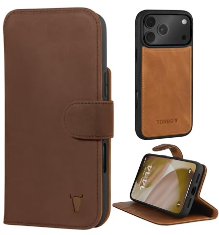 TORRO Leather Case Compatible with iPhone 17 Pro Max 6.9” 2025 – Leather Bumper Case with Detachable Wallet Cover with Stand and Card Slots (Compatible with Official MagSafe Chargers) - Nubuck Brown