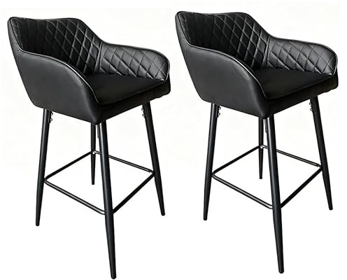 Requena Pair of Bar Stools with Leatherette Upholstered Seat, Armrest & Backrest, Black Metal Legs, for Kitchen and Breakfast Bar (BAR01, Leather-Black-1)