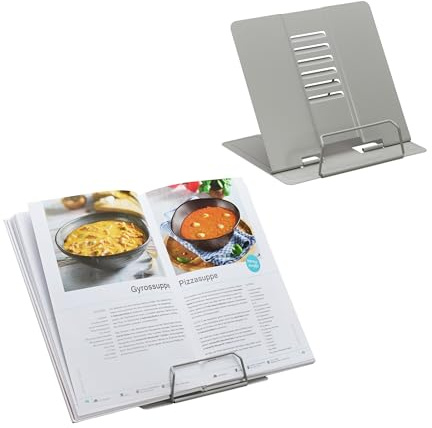 Relaxdays Book Stand, Set of 2, Cookbook Holder, Height Adjustable, for Reading, Kitchen Recipe Support, Steel, Grey