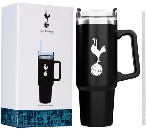 Get Trend Tottenham Hotspur Thermobecher mit Strohhalm und Henkel, 850ml, Edelstahl Trinkflasche BPA-Frei, Hält 12h Kalt & 8h Heiß, Isolierter Doppelwandiger Trinkbecher (Schwarz Spurs)