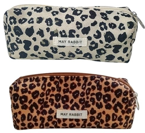 MLPKOI 2Pcs Federmäppchen, Federtasche, Mäppchen Cord-Stoff, Pencil Case, Stiftetasche Stiftemappe, Leopardenmuster Federmappe mit Praktischem Reißverschluss, für Schule Büro Mädchen (Cremeweiß&Braun)