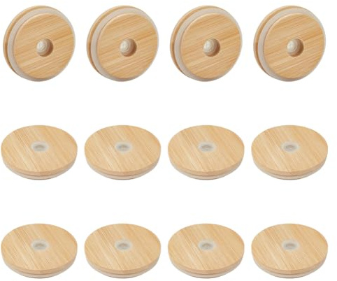 OLYCRAFT 12Pcs couverture en bois pots verre couvercles en bois 70mm avec paille couvercle réutilisable remplacement couvercles en wood avec Silicone étanche verres à bière bouche régulière