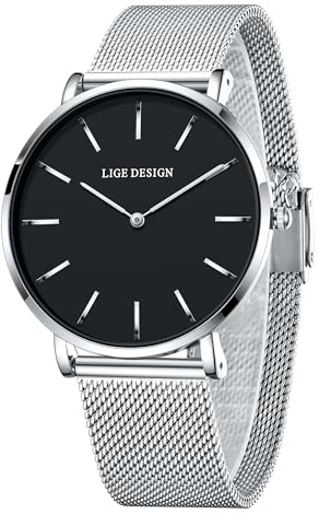 LIGE Uhr Damen Ultradünn Quarz Edelstahl-Meshband | LIGE Armbanduhr Damen, Ultradünn Großes Zifferblatt, Edelstahl Wasserdicht, Damenuhr Fur Klassischen Modischen Stil
