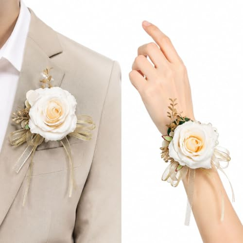 CSQSYFS Korsage und Ansteckblumen-Set für Braut, Bräutigam, Brautjungfern und Trauzeugen – Hochzeits-, Abschlussball- und Homecoming-Blumen, Anzug-Zubehör für den Abschlussball (Champagner)