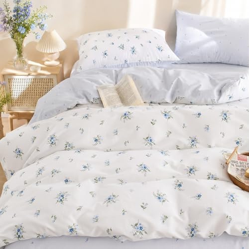 Freyamy Bettwäsche 135x200 4teilig Baumwolle Blau Blumen Bettwäsche Set | Bettwäsche für Allergiker, Mädchen Aesthetic Bettwäsche ÖKO-TEX, 2 Bettbezug mit Reißverschluss und 2 Kissenbezug 80x80cm