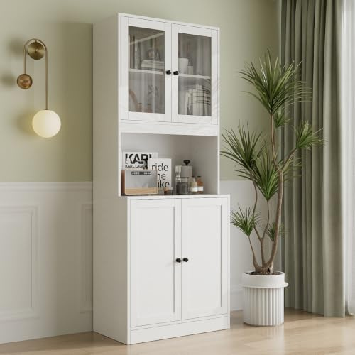 VOWNER 180cm Vitrinenschrank mit Glastüren, Küchenschrank mit Arbeitsplatte, 5-Stöckiges Bücherregal, Buffetschrank für Wohnzimmer, Büro, Schlafzimmer, 60x40x180 cm (1PCS)