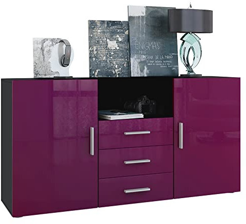 Vladon Sideboard Skadu, Kommode mit 2 Türen, 3 Schubladen und 1 offenem Fach, Schwarz matt/Brombeer Hochglanz (138,5 x 71,5 x 35 cm)