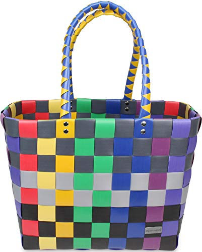 normani Einkaufskorb Shopper geflochten aus Kunststoff - robuster Strandkorb aus wasserabweisendem Material Farbe Classic/Rainbow